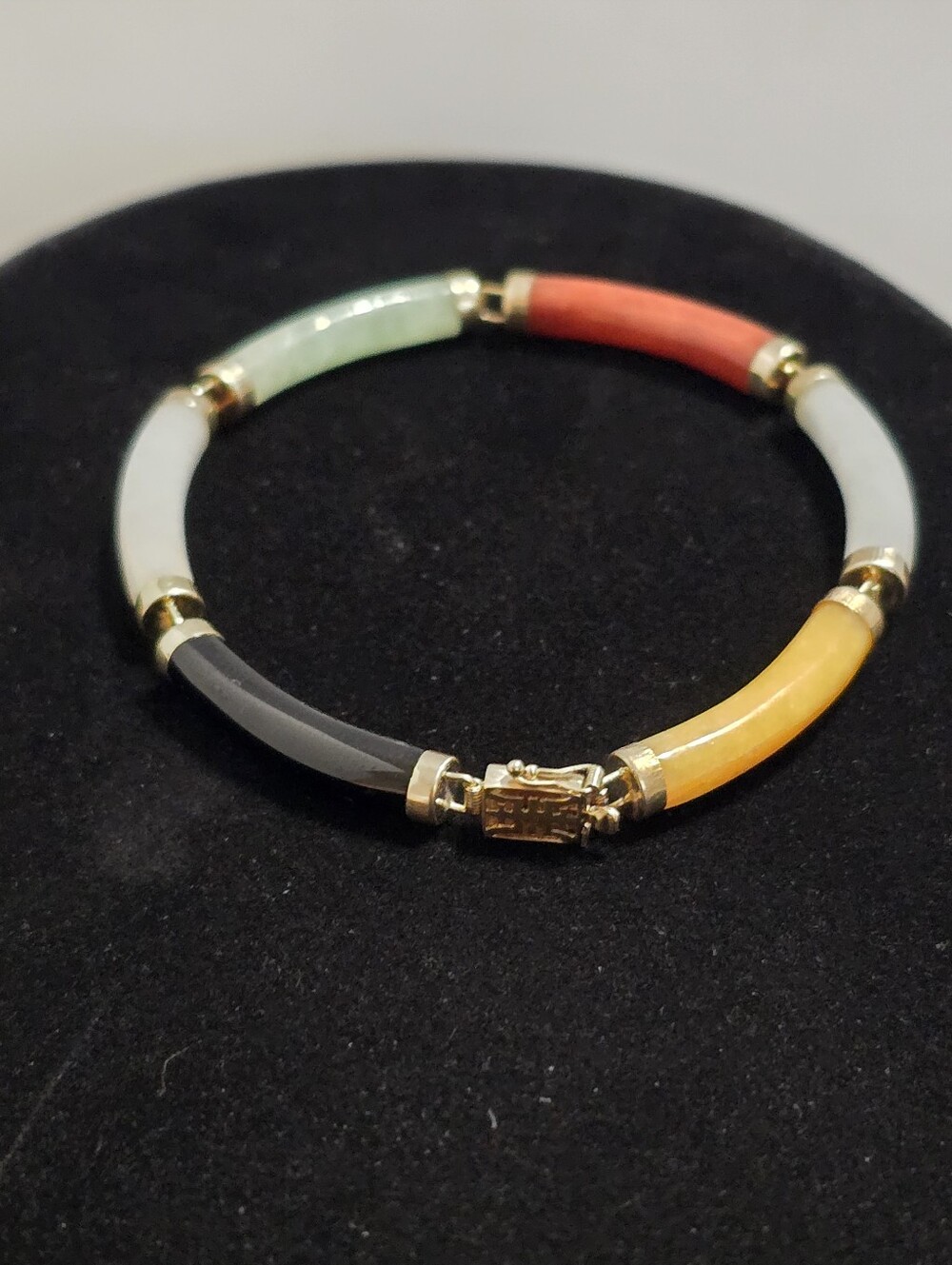 Vtg 14k Solid Gold Multi-colored Jadeite Panel Bracelet Made In H.Kong 7.25 Inch